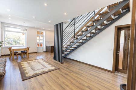 Modern metal stairway in scandinavian interiorの写真素材
