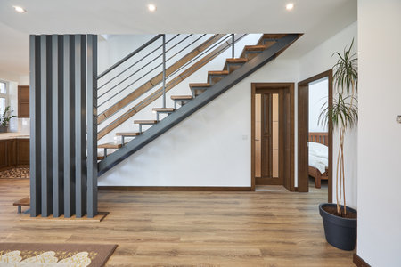 Modern metal stairway in scandinavian interiorの写真素材