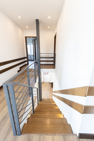 Modern metal stairway in scandinavian interiorの写真素材