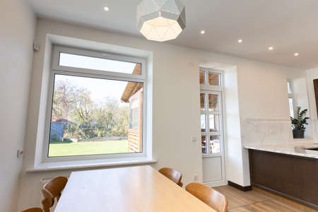 Big window in modern scandinavian interior living roomの写真素材