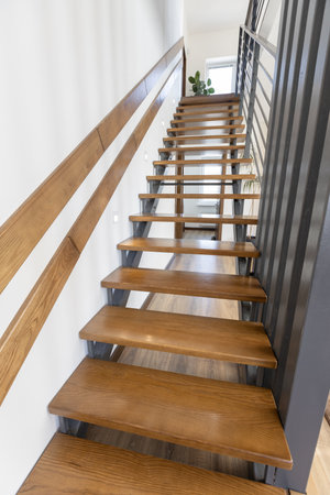 Modern metal stairway in scandinavian interiorの写真素材