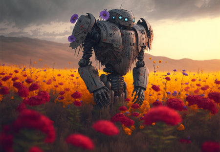 Robot transformer walking in the field of flowers. Generative AI illustrationの素材