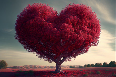 Pink tree in a shape of heart blossoming. St Valentine's Day. Generative AI illustrationの素材