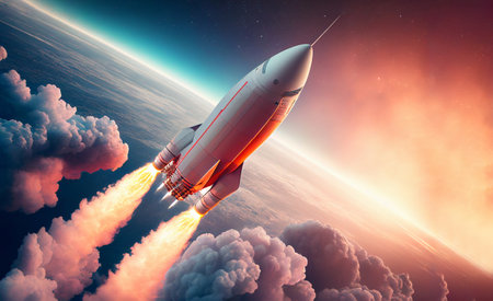 Spaceship doing up to the sky. Generative AI illustrationの素材