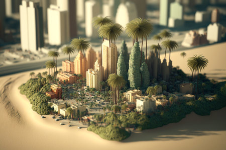 Miniature plastic city with trees, houses, people. Generative AI illustrationの素材