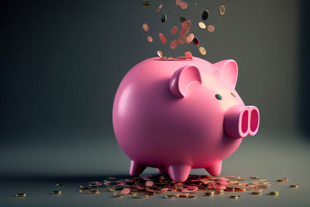 Piggy bank with coins falling into it. Generative AI illustrationの素材