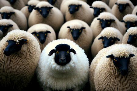 White sheep among black sheep. Dare to be different. Generative AI illustrationの素材