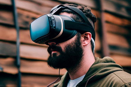 Man wearing virtual reality glasses. Generative AI illustrationの素材
