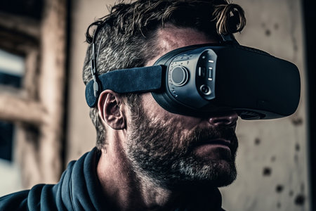Man wearing virtual reality glasses. Generative AI illustrationの素材