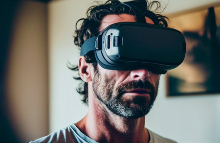 Man wearing virtual reality glasses. Generative AI illustrationの素材