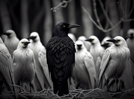 Black crow in the middle of white crows. Being different concept. Generative AI illustrationの素材