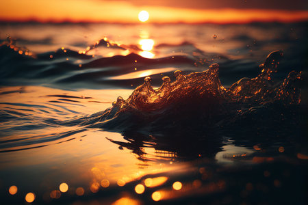 Water surface level at the sunset. Generative AI illustrationの素材
