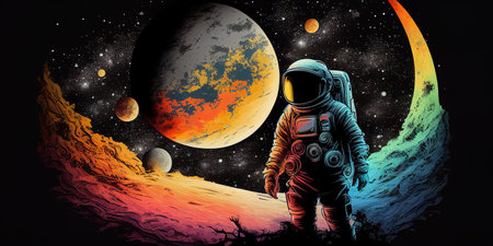 Spaceman astronaut retro poster. Generative AI illustrationの素材
