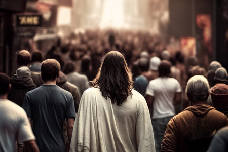 Jesus walking in a modern city among the crowds. Generative AI illustrationの素材