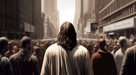 Jesus walking in a modern city among the crowds. Generative AI illustrationの素材