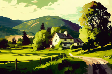 Watercolor illustration of rural countryside. Generative AI illustrationの素材