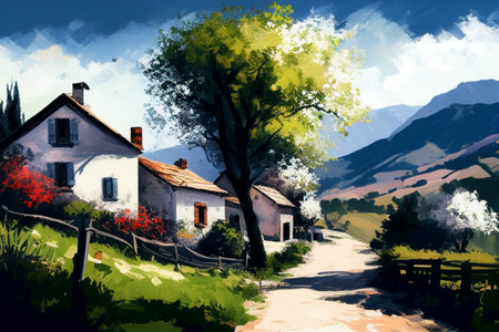 Watercolor illustration of rural countryside. Generative AI illustrationの素材