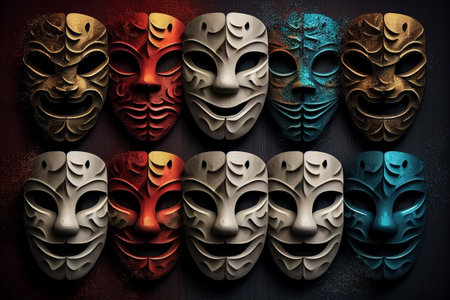 Funny masks on wall with different emotions. Generative AI illustrationの素材