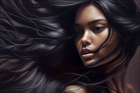 Beautiful afro american woman with black long hair portrait. Generative AI illustrationの素材