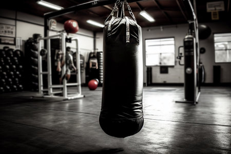 Boxing bag in and old sport or boxing gym. Generative AI illustrationの素材