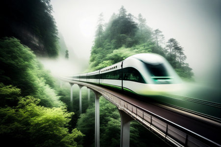 Fast train in the mountains in China. Generative AI illustrationの素材