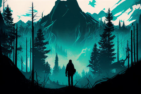 Asia forest and mountains at dusk. Generative AI illustrationの素材