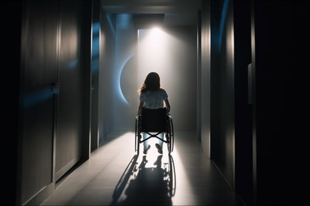 Handicapped girl in a wheelchair indoors. Generative AI illustrationの素材