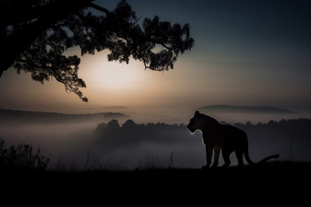 Lion silhouette in savanna. Generative AI illustrationの素材