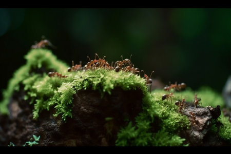 Ants macro image building a home and carrying leaves. Generative AI illustrationの素材