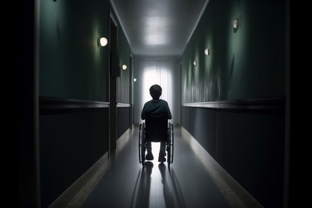 Handicapped girl in a wheelchair indoors. Generative AI illustrationの素材