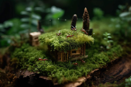 Ants macro image building a home and carrying leaves. Generative AI illustrationの素材