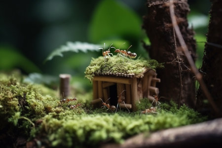 Ants macro image building a home and carrying leaves. Generative AI illustrationの素材