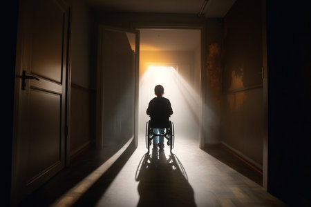 Handicapped girl in a wheelchair indoors. Generative AI illustrationの素材