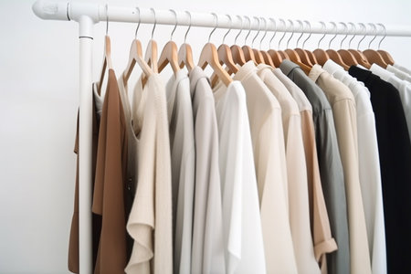 Clothes in a row on a hanger over white wall. Generative AI illustrationの素材