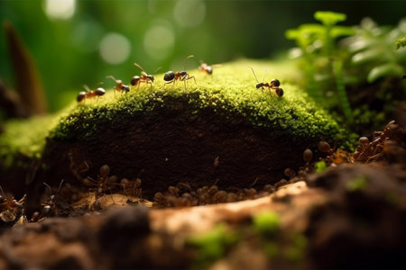 Ants macro image building a home and carrying leaves. Generative AI illustrationの素材