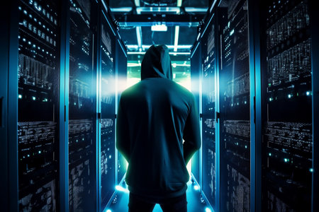 Hacker criminal standing in a tech room. Generative AI illustrationの素材