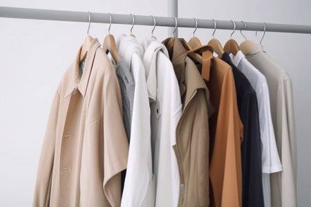 Clothes in a row on a hanger over white wall. Generative AI illustrationの素材