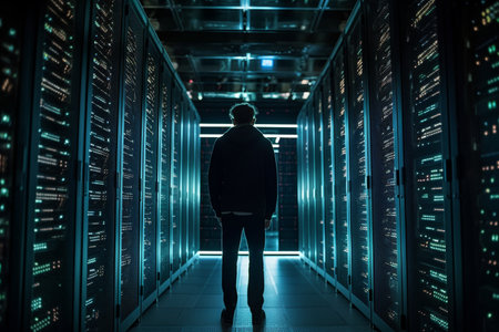 Hacker criminal standing in a tech room. Generative AI illustrationの素材