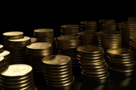 Metal coins money in piles. Generative AI illustrationの素材