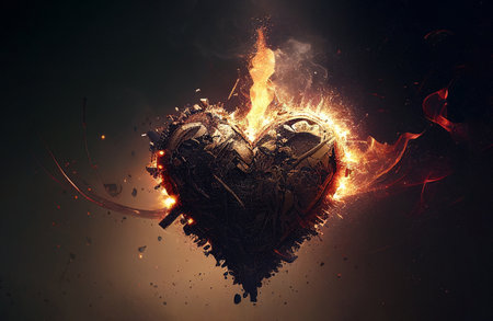 St.Valentine's Day burning heart with fire. Generative AI illustrationの素材