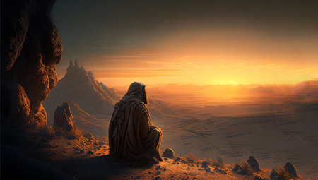Jesus Christ sitting and looking at a sunset in desert. Generative AI illustrationの素材