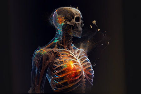 Skeleton with live burning heart. Generative AI illustrationの素材