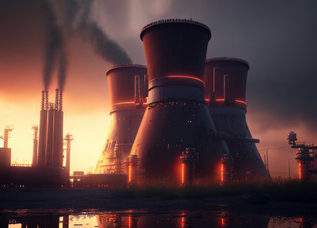 Nuclear power plant pollution at dusk. Generative AI illustrationの素材