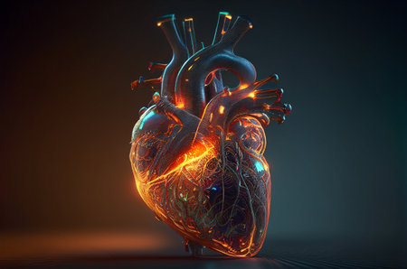 Glass heart pumping energy. Generative AI illustrationの素材