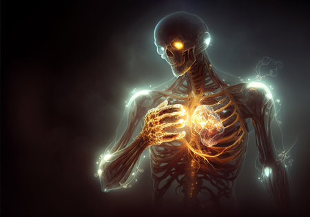 Skeleton with live burning heart. Generative AI illustrationの素材