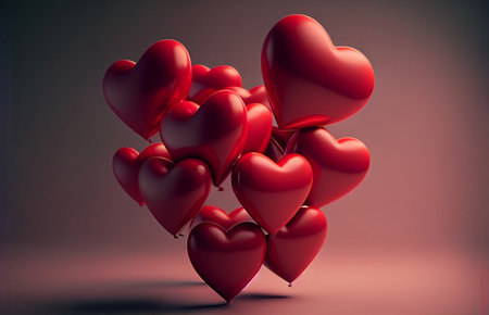 Heart shaped red balloons. Generative AI illustrationの素材