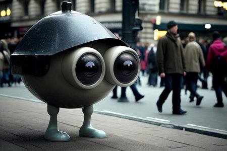 Robot camera watches after people on city streets. Generative AI illustrationの素材