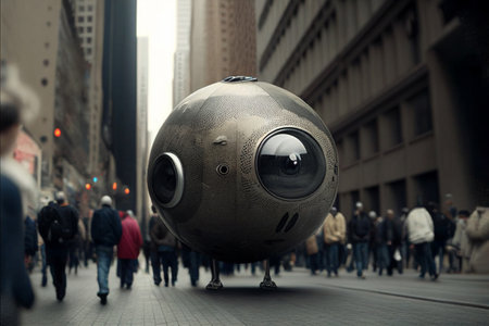 Robot camera watches after people on city streets. Generative AI illustrationの素材