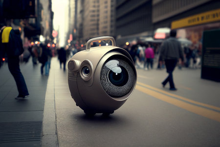 Robot camera watches after people on city streets. Generative AI illustrationの素材