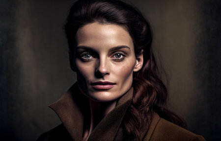 Beautiful middle-aged brunette woman in coat. Generative AI illustrationの素材